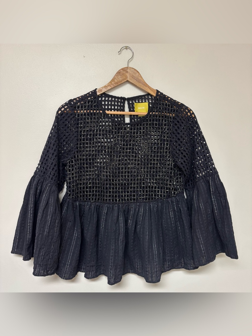 Anthropologie Maeve Black Eyelet Bell Sleeve Peplum Boho Dark Romantic Top 6